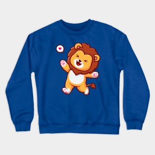 Cute Lion Walking With Cheerful Cartoon Crewneck Sweatshirt